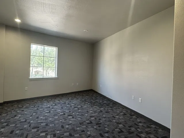 Window with exterior scenery, overhead recessed lighting, and patterned carpet
