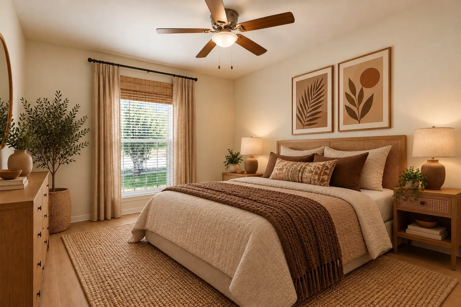 VIRTUAL STAGING, Wood-finish flooring with a ceiling fan light fixture