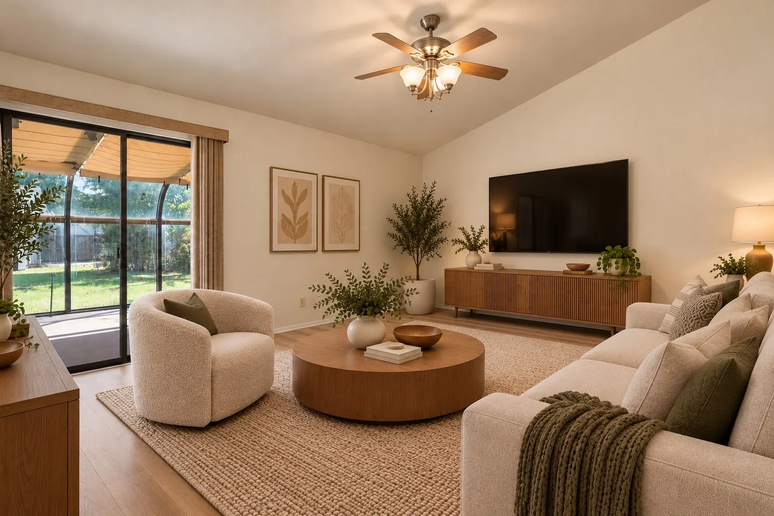 VIRTUAL STAGING,Vaulted ceiling, wood-finish flooring, ceiling fan, and sliding glass door leading to an outdoor screened enclosure