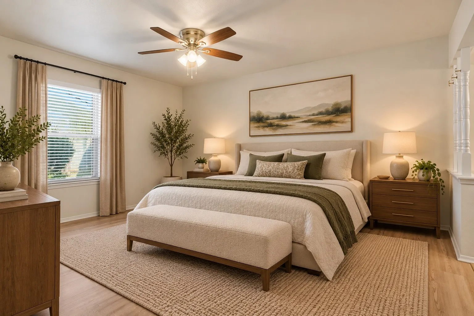 VIRTUAL STAGING,Recessed ceiling fan with integrated lighting, wood-finish flooring, window with blinds, and white painted walls