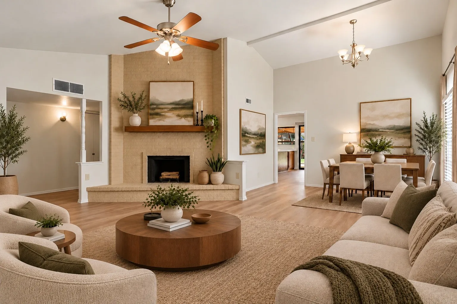 VIRTUAL STAGING, Vaulted ceilings, wood-finish flooring, stone-clad fireplace with mantel, and a ceiling fan