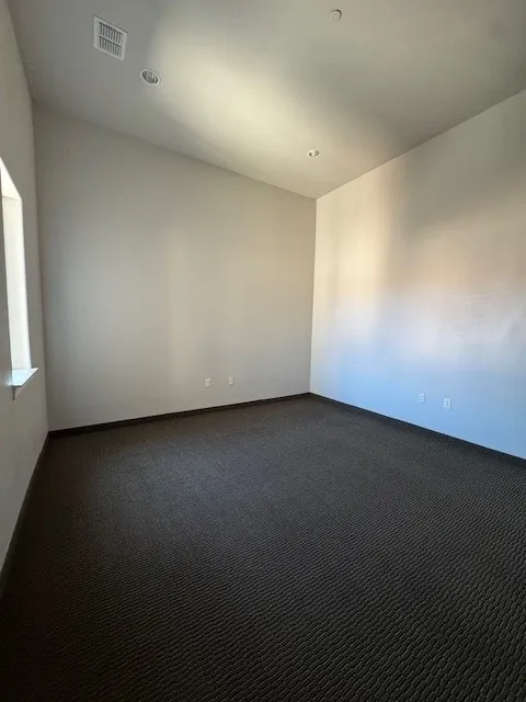 Recessed ceiling lighting, textured wall-to-wall carpeting, and a window with a deep sill
