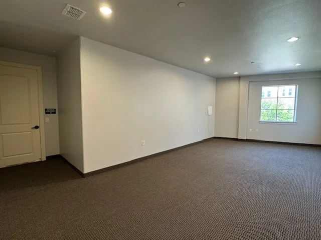 Recessed lighting, large window with natural light, textured carpet flooring, and a neutral color palette