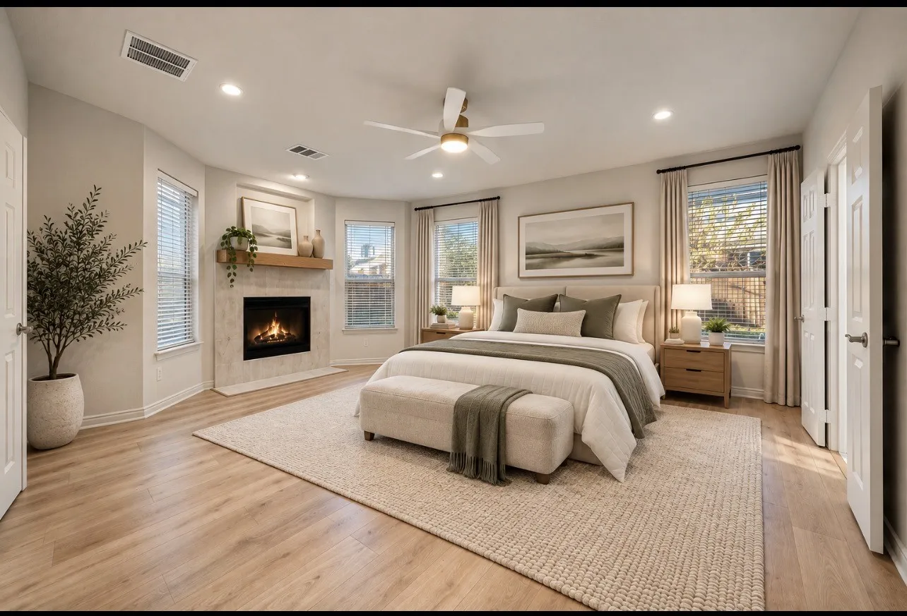 First Floor Master Suite with fireplace. Virtually Staged