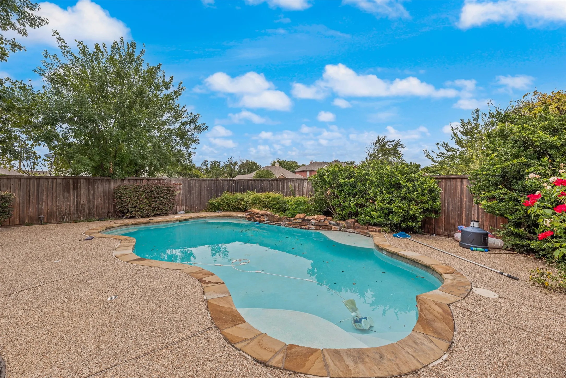 Freeform swimming pool with stone coping and an exposed aggregate surround