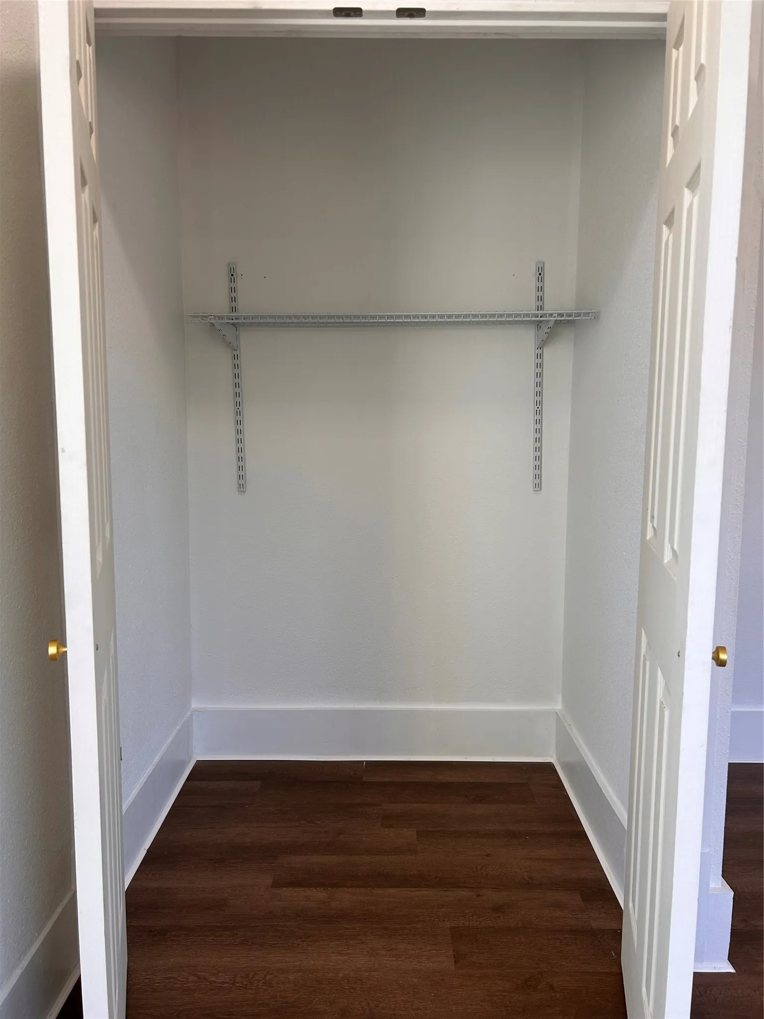 Walk in closet with wood-finish flooring, adjustable shelving, and white bi-fold doors