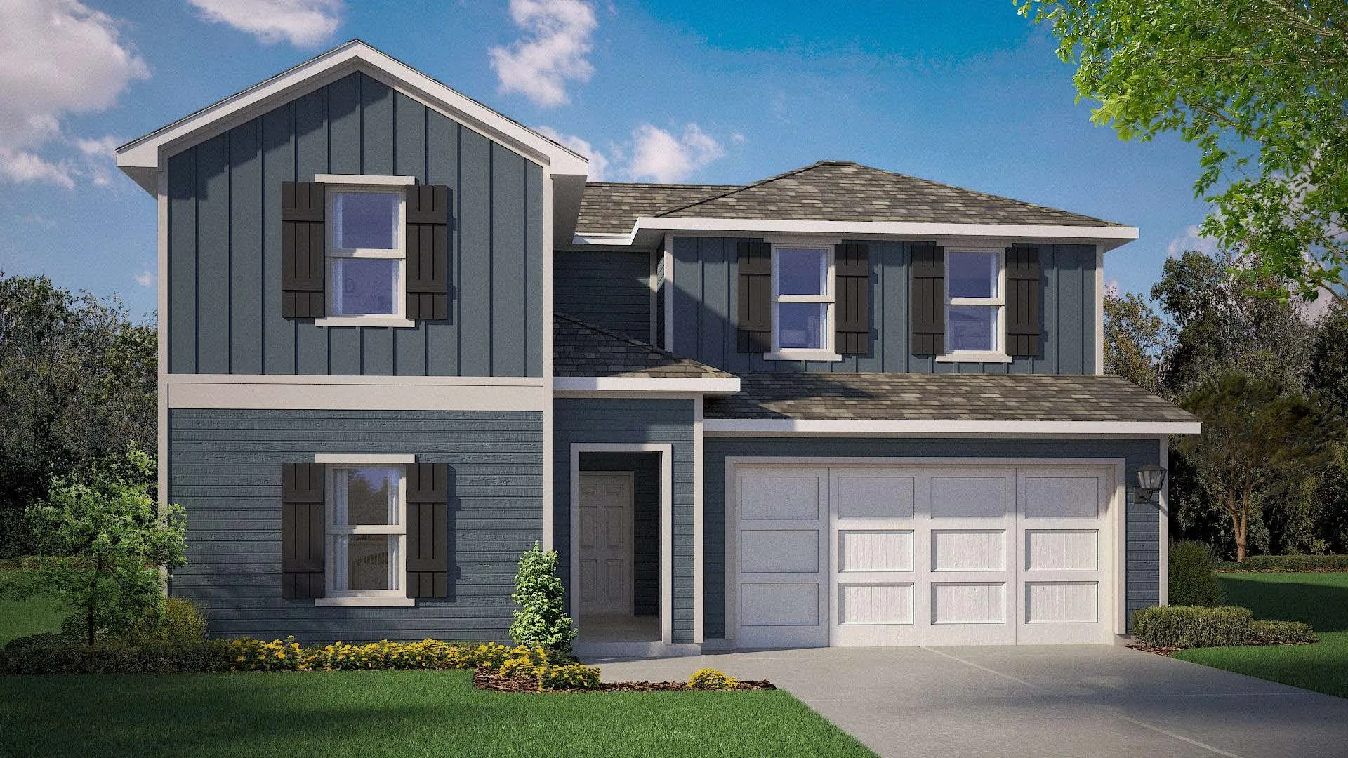 Front Elevation - D.R. Horton's Ozark floor plan Elevation W - All Home and community information, including pricing, included features, terms, availability and amenities, are subject to change at any time without notice or obligation. All Drawings, pictures, photographs, video, square footages, floor plans, elevations, features, colors and sizes are approximate for illustration purposes only and will vary from the homes as built.