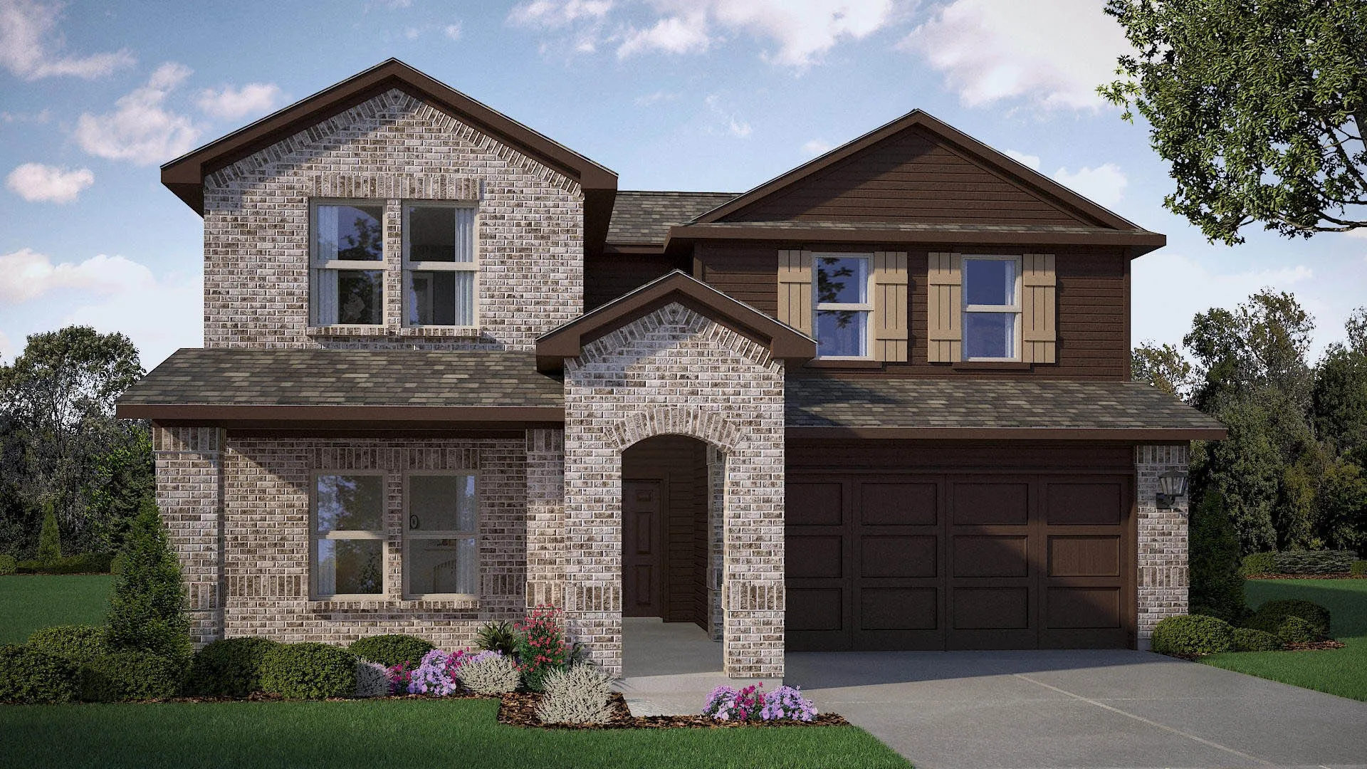 Front Elevation - D.R. Horton's Ozark floor plan Elevation C - All Home and community information, including pricing, included features, terms, availability and amenities, are subject to change at any time without notice or obligation. All Drawings, pictures, photographs, video, square footages, floor plans, elevations, features, colors and sizes are approximate for illustration purposes only and will vary from the homes as built.