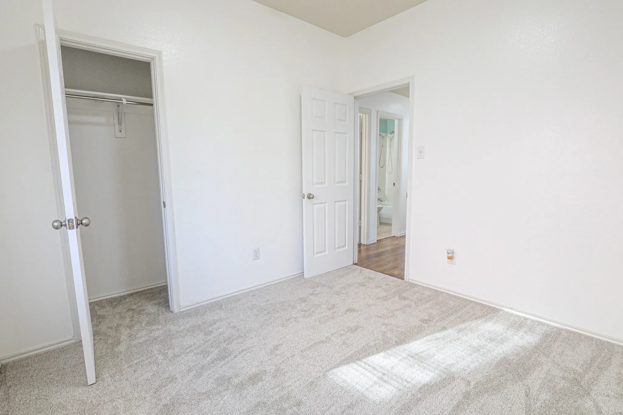 Carpeted flooring, white walls, and a closet with a built-in rod