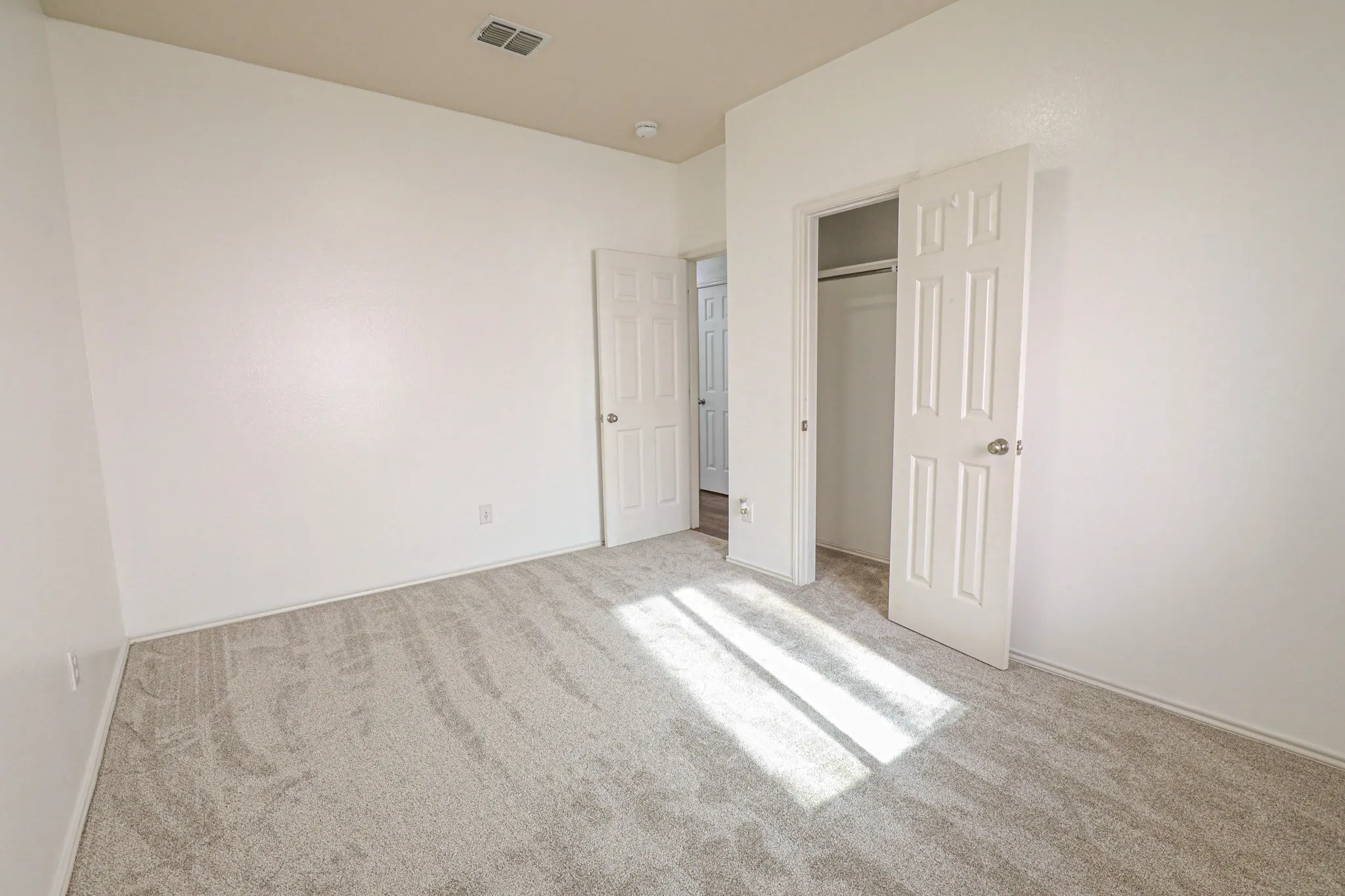 Wall-to-wall carpeting with a light gray pattern, white walls, and a built-in closet with a white paneled door