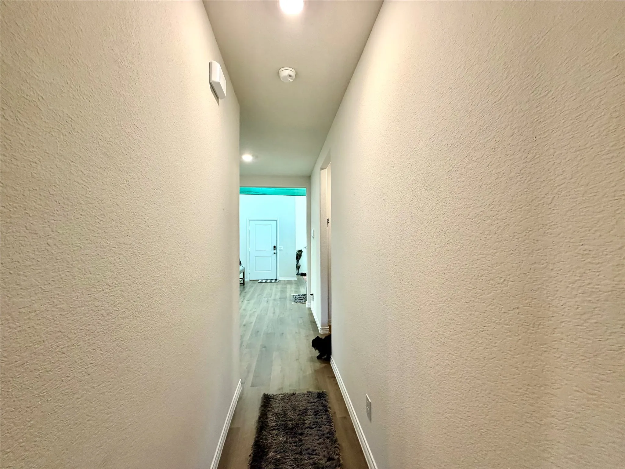 Hallway featuring wood-finish flooring and recessed lighting