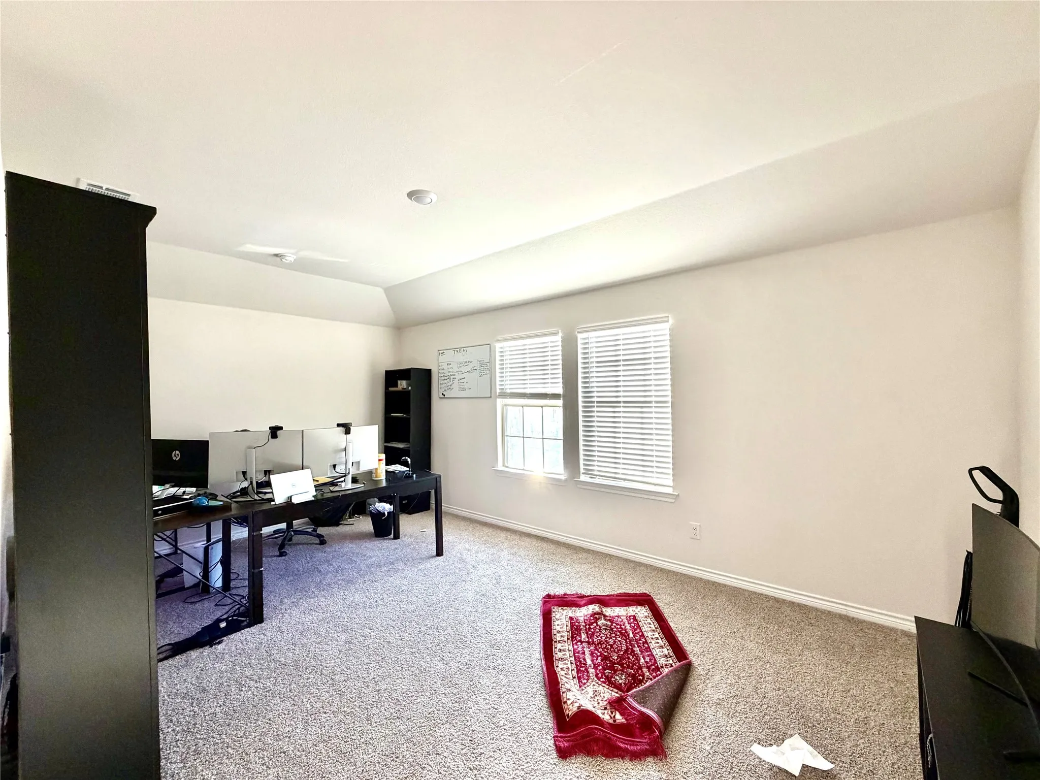 Carpeted room featuring multiple windows with blinds and a vaulted ceiling