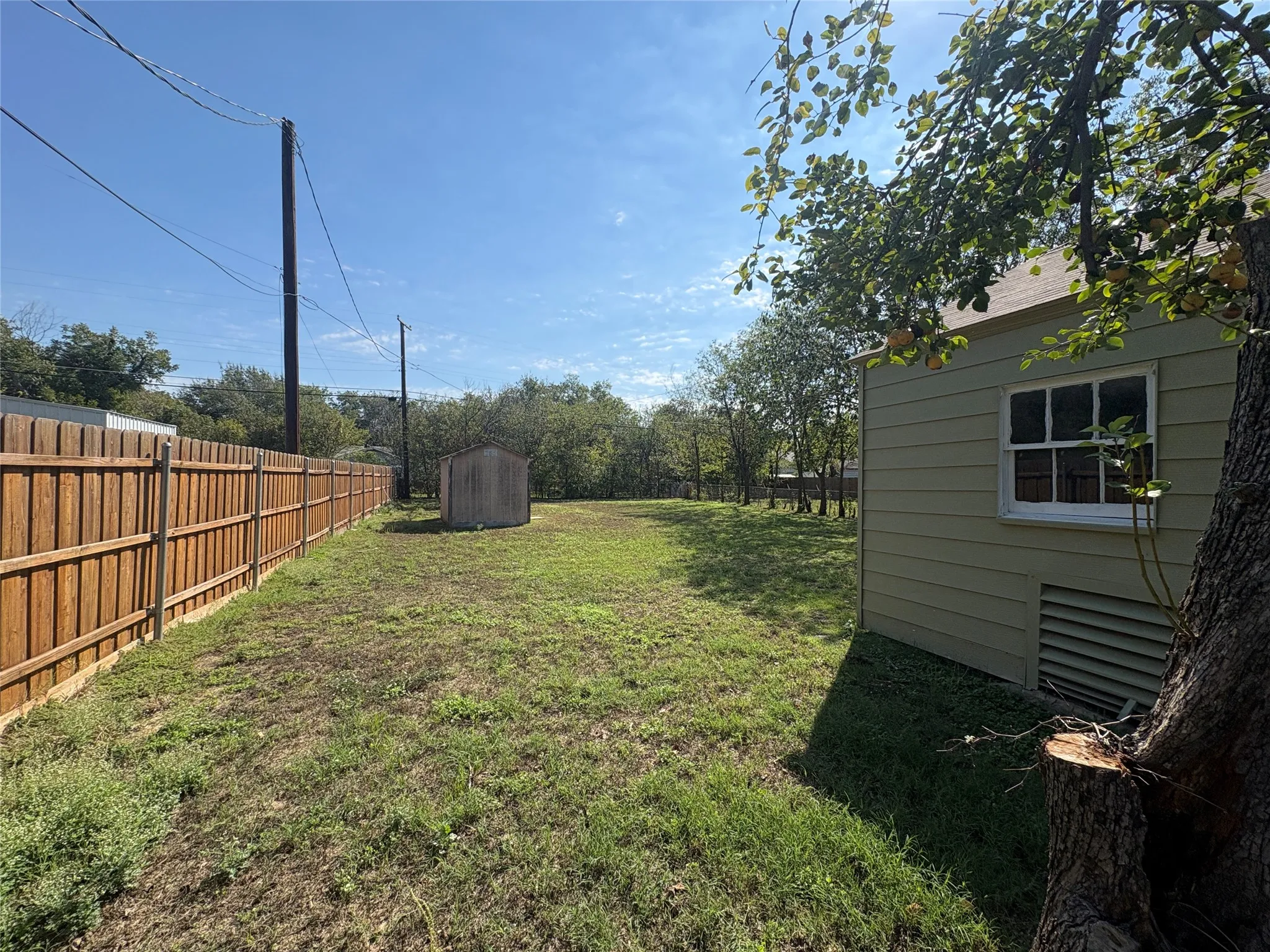 Expansive grassy yard with a wooden privacy fence, a detached shed, and a side-gabled building with horizontal siding and a single-hung window
