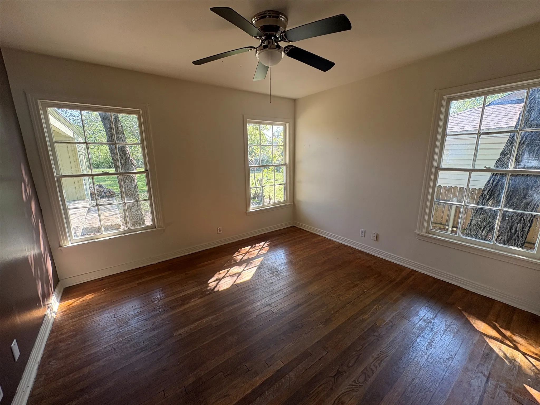 Hardwood flooring, multiple windows, window trim, ceiling fan, and painted walls