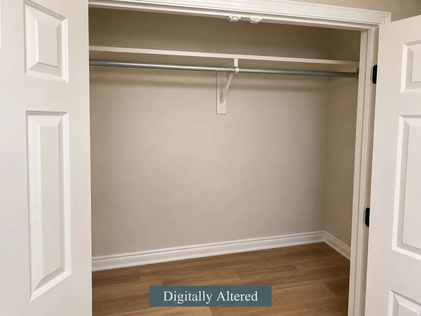 Built-in closet with bifold doors, integrated-shelving, and wood-finish flooring-digitally altered to remove clothing