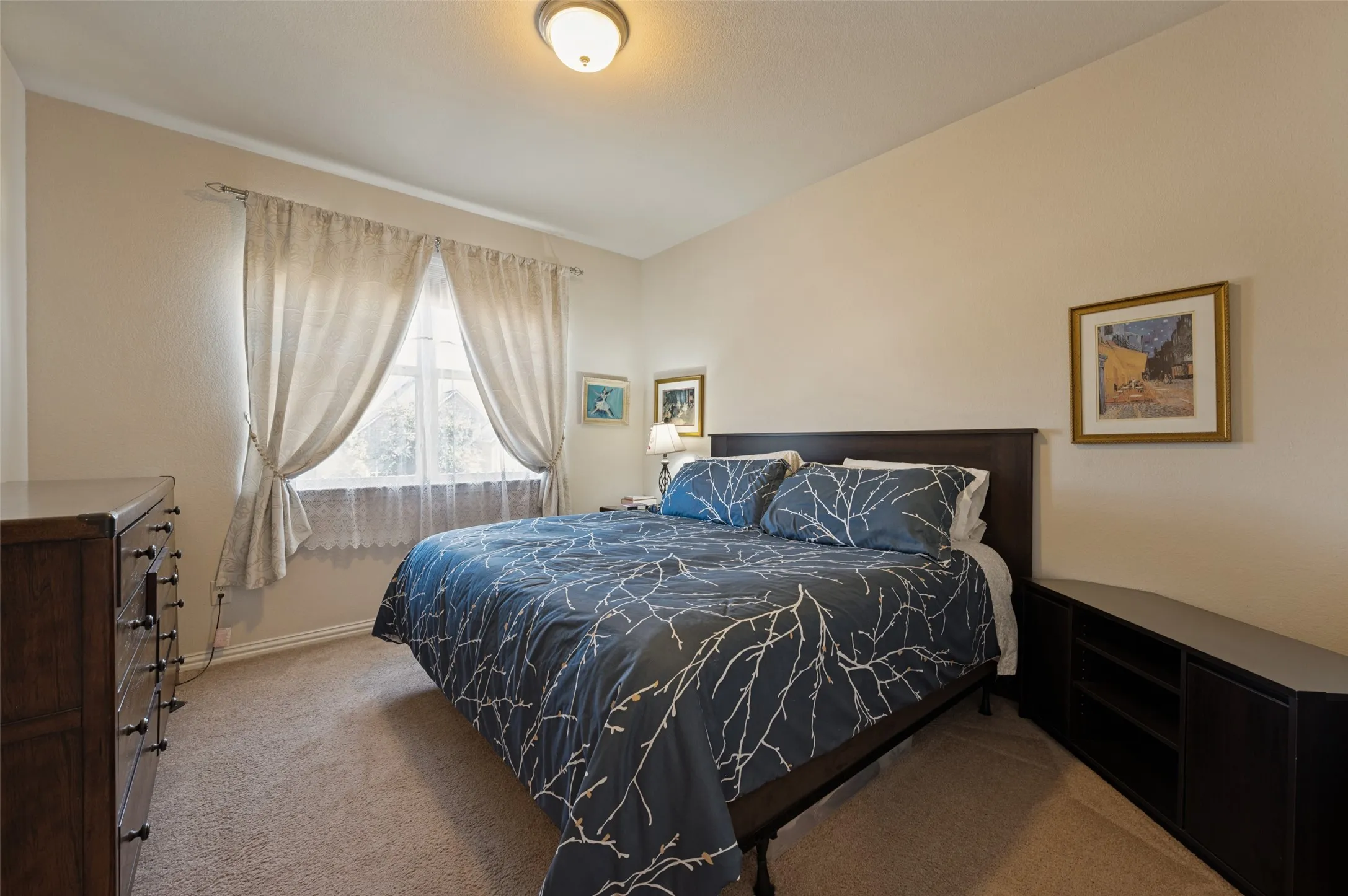 Carpeted flooring with light-toned walls, a double window with drapes, and a ceiling-mounted light fixture