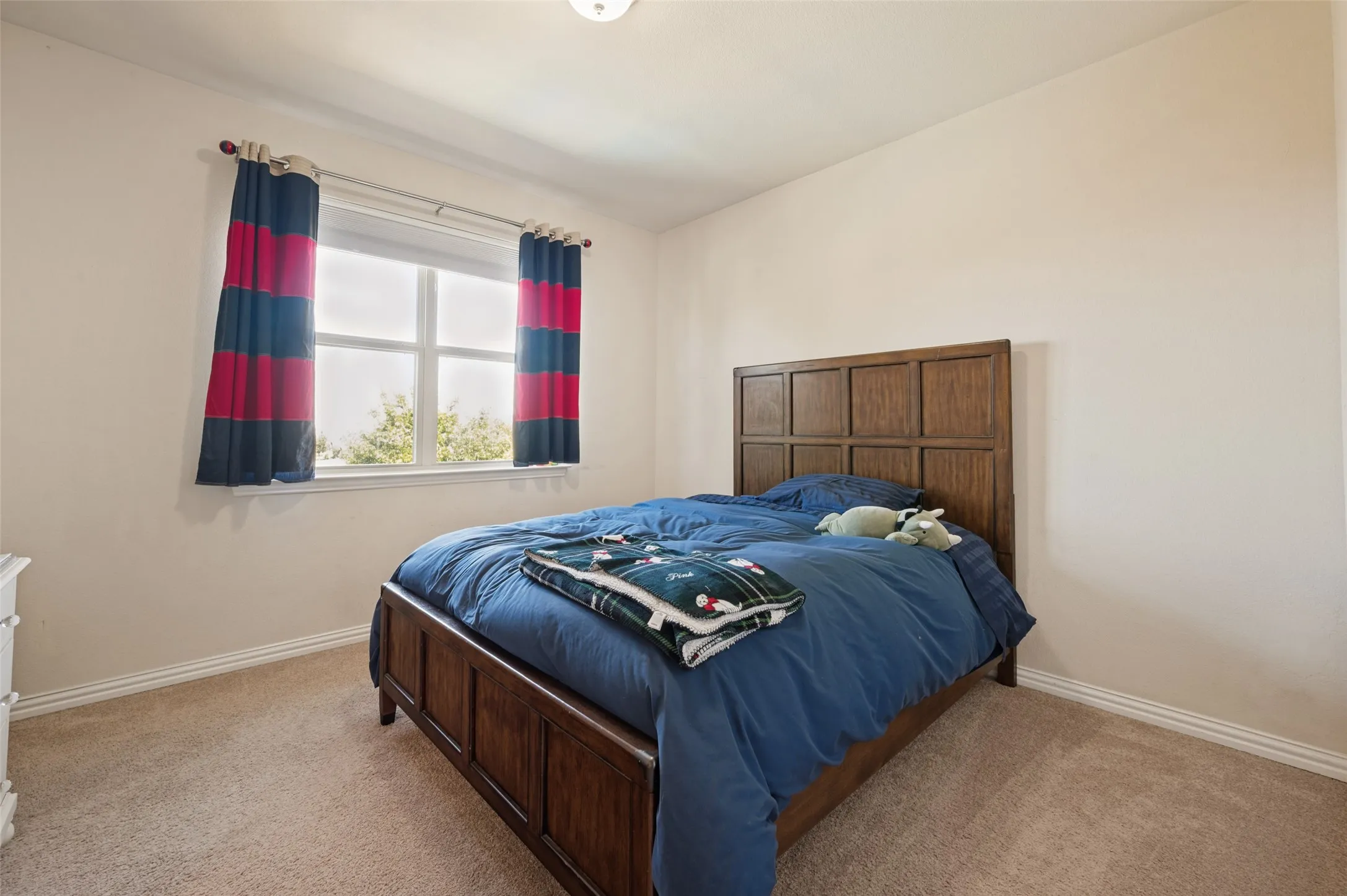 Carpeted flooring, neutral wall paint, and a window with white trim