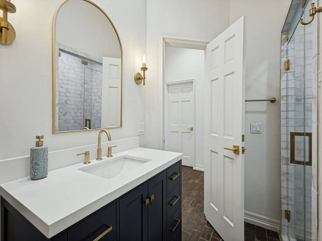 White vanity countertop with an integrated rectangular sink
