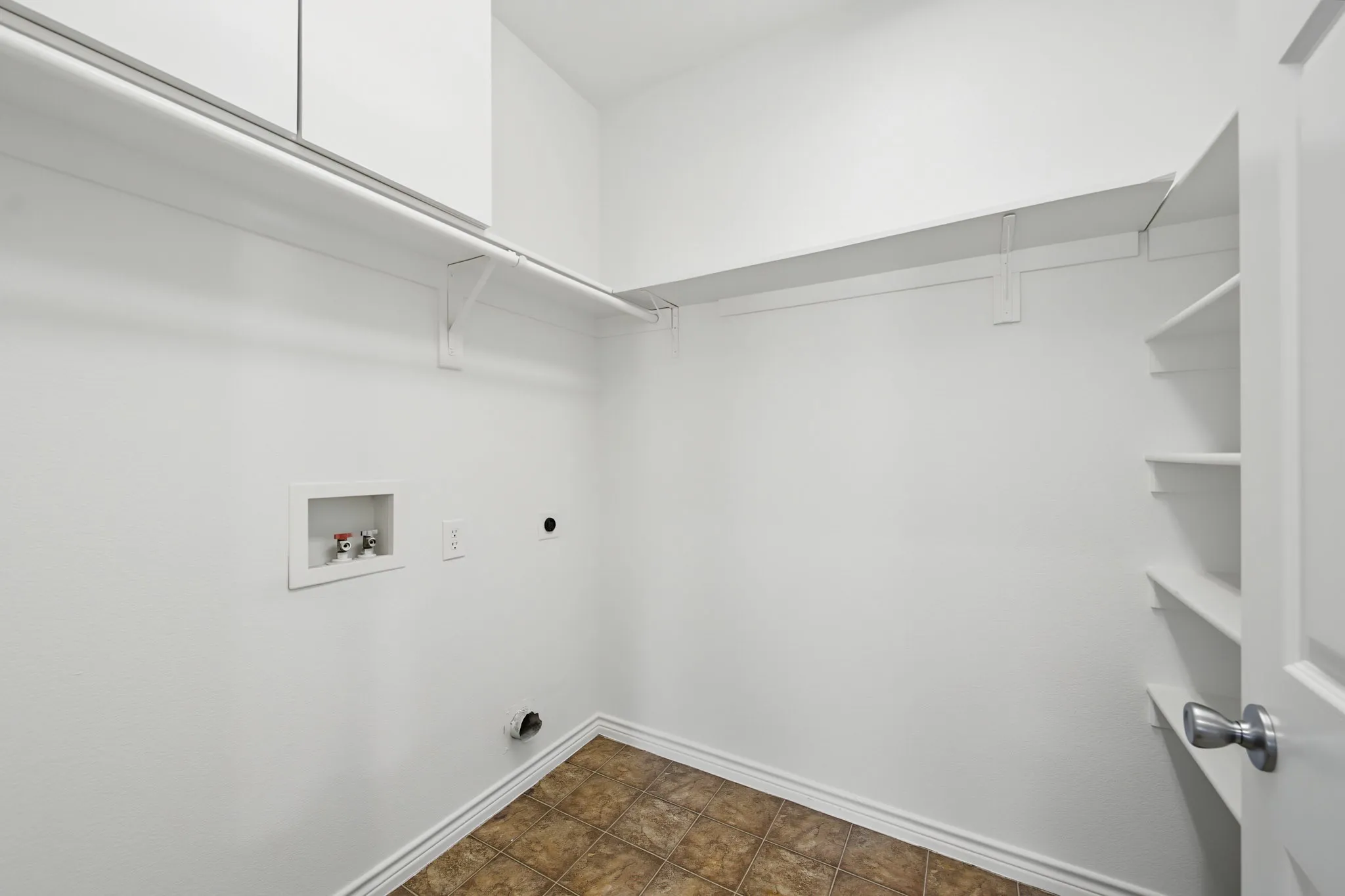 Utility room with laundry hookups, wall-mounted shelving, and built-in vertical shelving