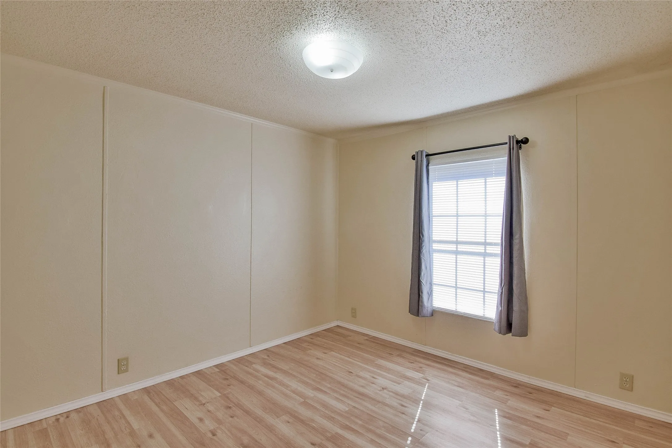 Wood-look vinyl  flooring, single window with blinds, ceiling-mounted light fixture, crown molding, and neutral wall paneling
