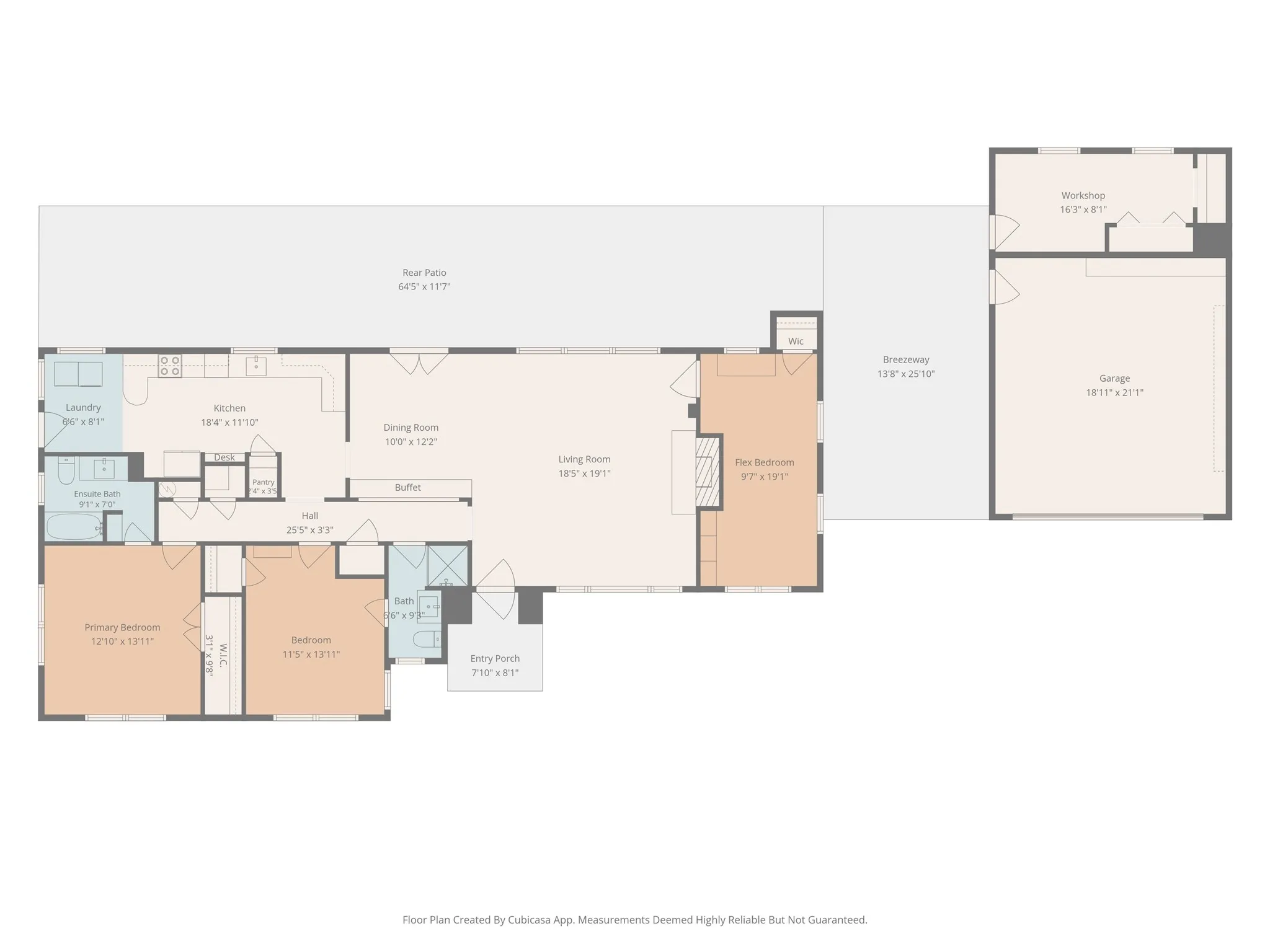 Floorplan illustrates the home’s distinctive layout, including three Bedrooms, flexible living spaces, Detached Garage and separate Workshop.