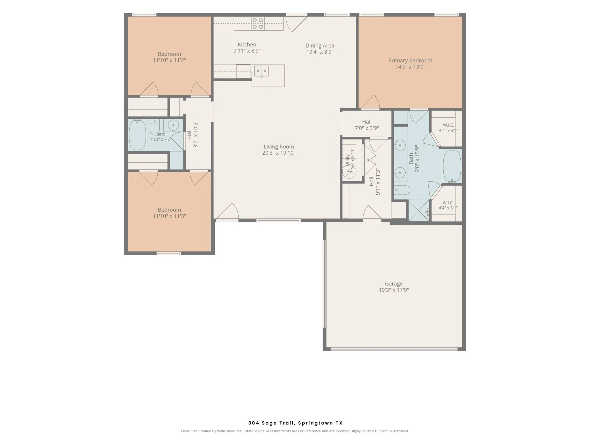 Floor Plan: Single-story layout featuring an open-concept living and dining area, centrally located kitchen, three bedrooms, two bathrooms, walk-in closets, and an attached garage.