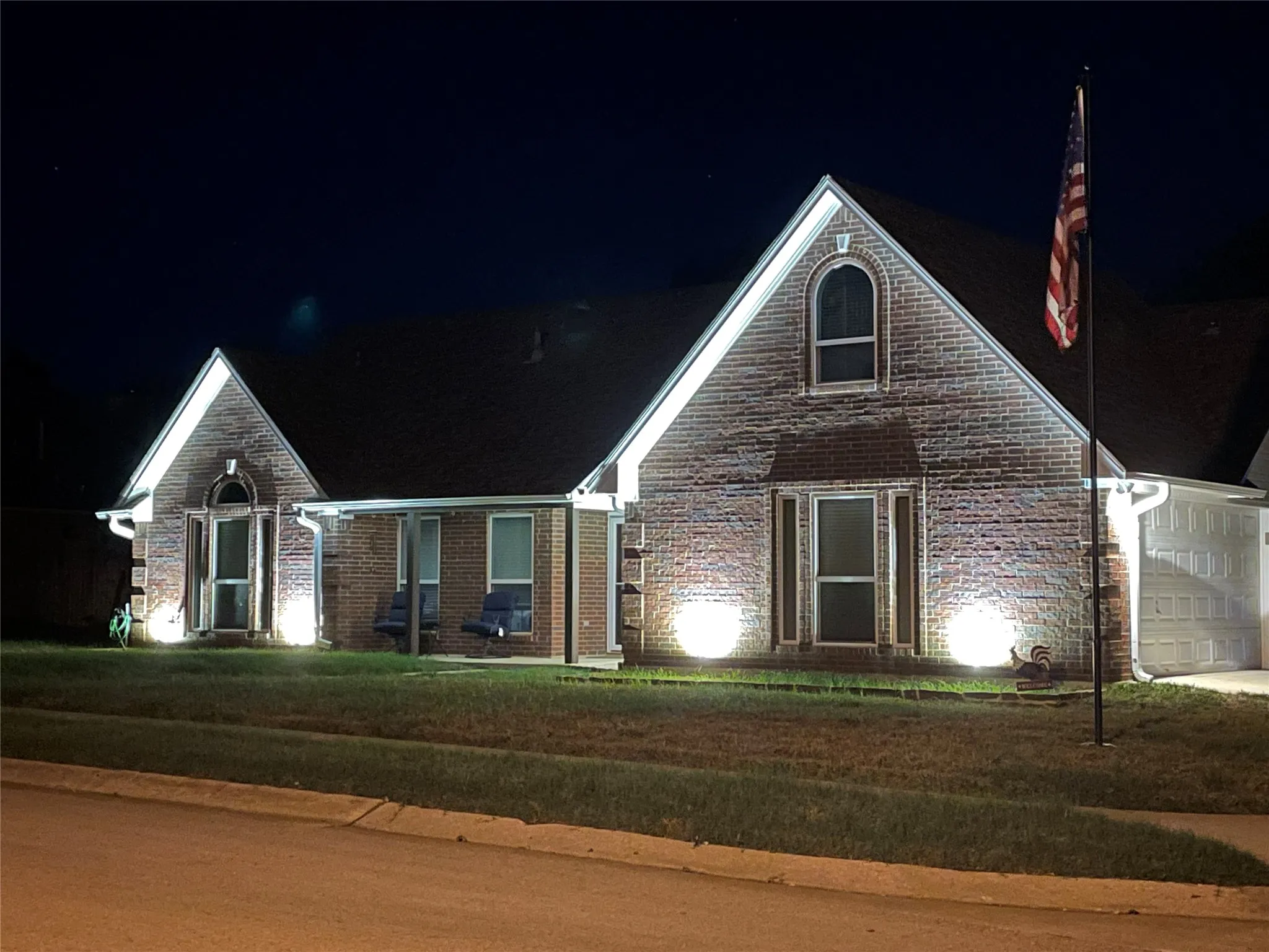 Brick exterior with gabled roof lines