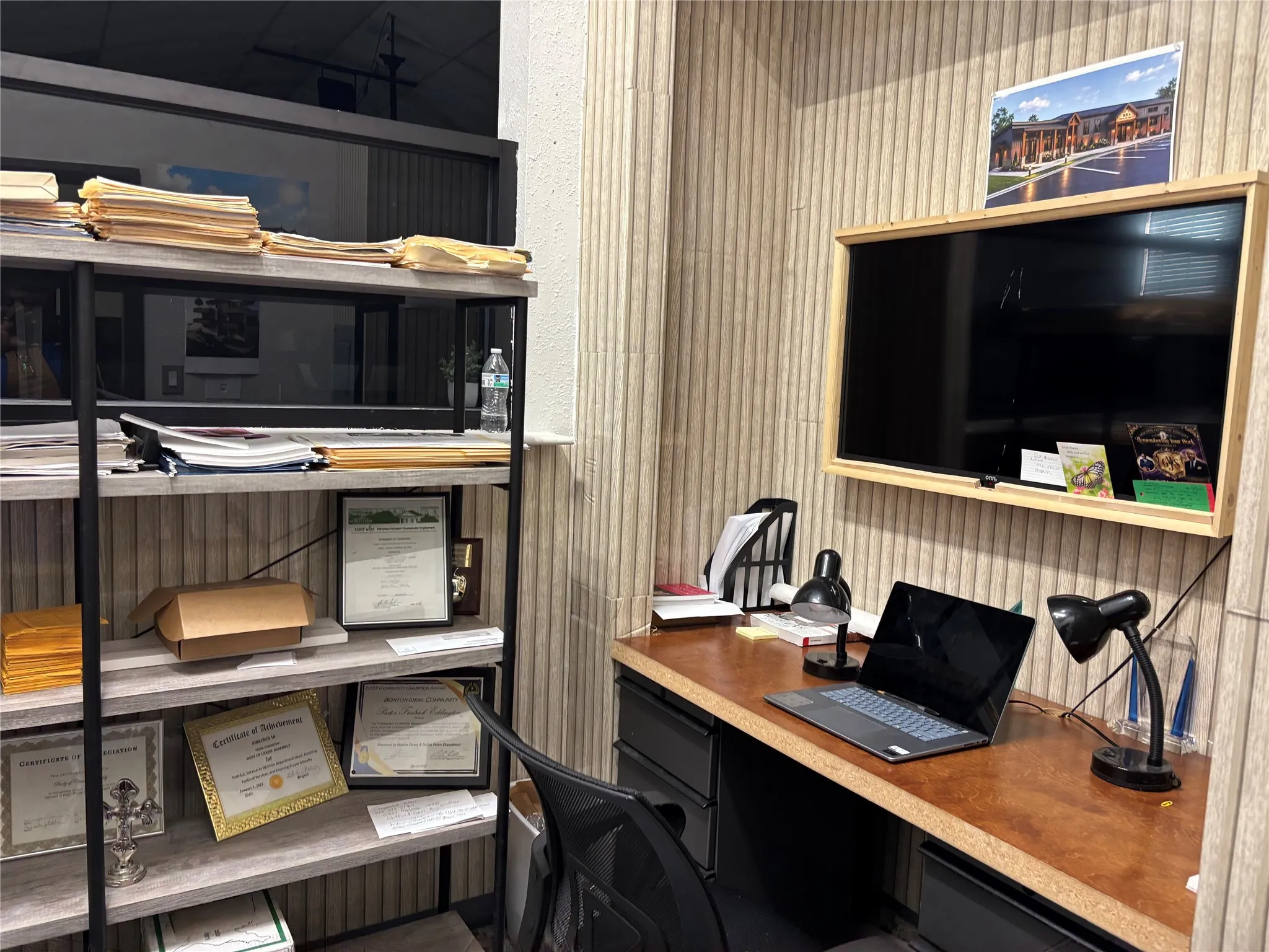 Built-in shelving unit featuring multiple open shelves