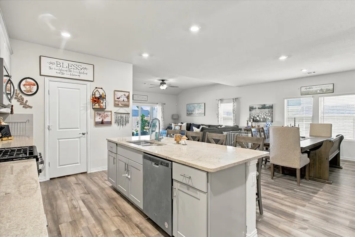 Kitchen overlooking dining area