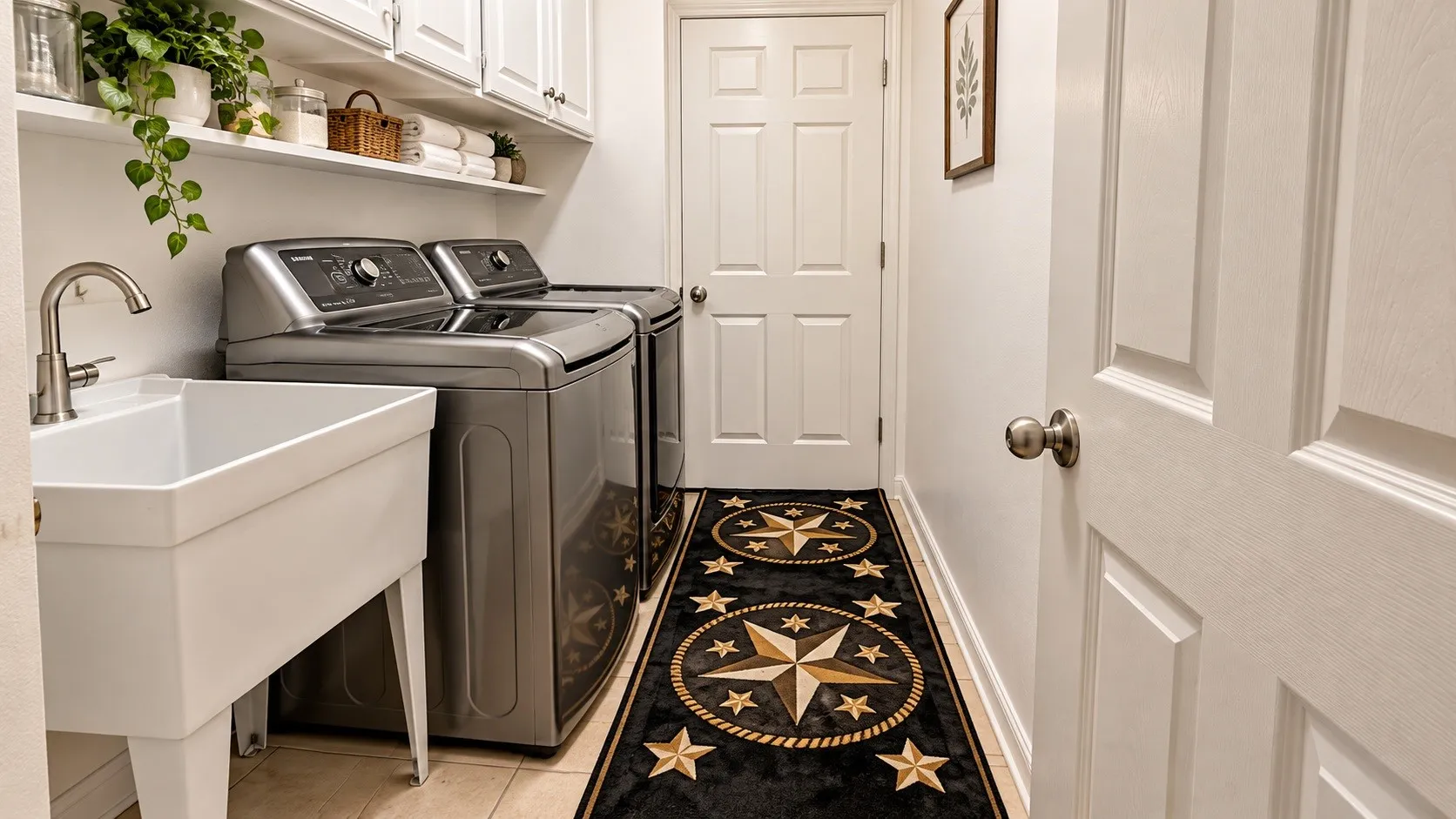 Utility room featuring upper cabinetry, open shelving, a utility sink with a gooseneck faucet, and tile flooring
