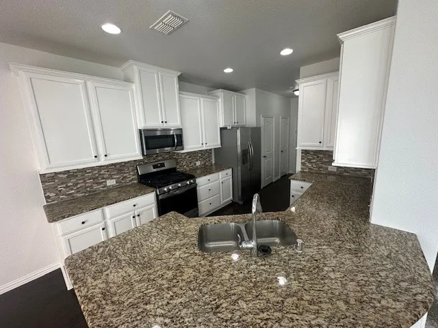 Kitchen featuring white cabinetry, stone countertops, stainless steel appliances, a tile backsplash, and dark wood-finish flooring