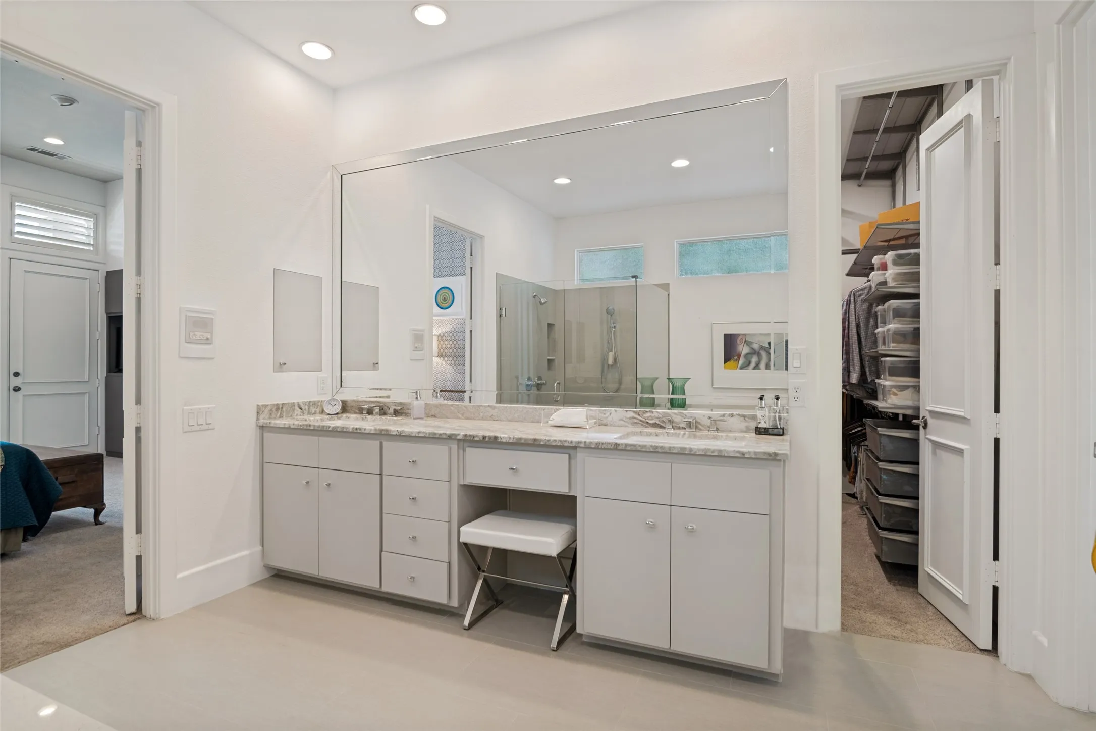 Updated bath with closet designed by the Container Store to maximize every inch of space!