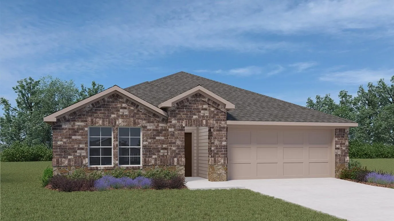 View of front facade with a front yard and a garage