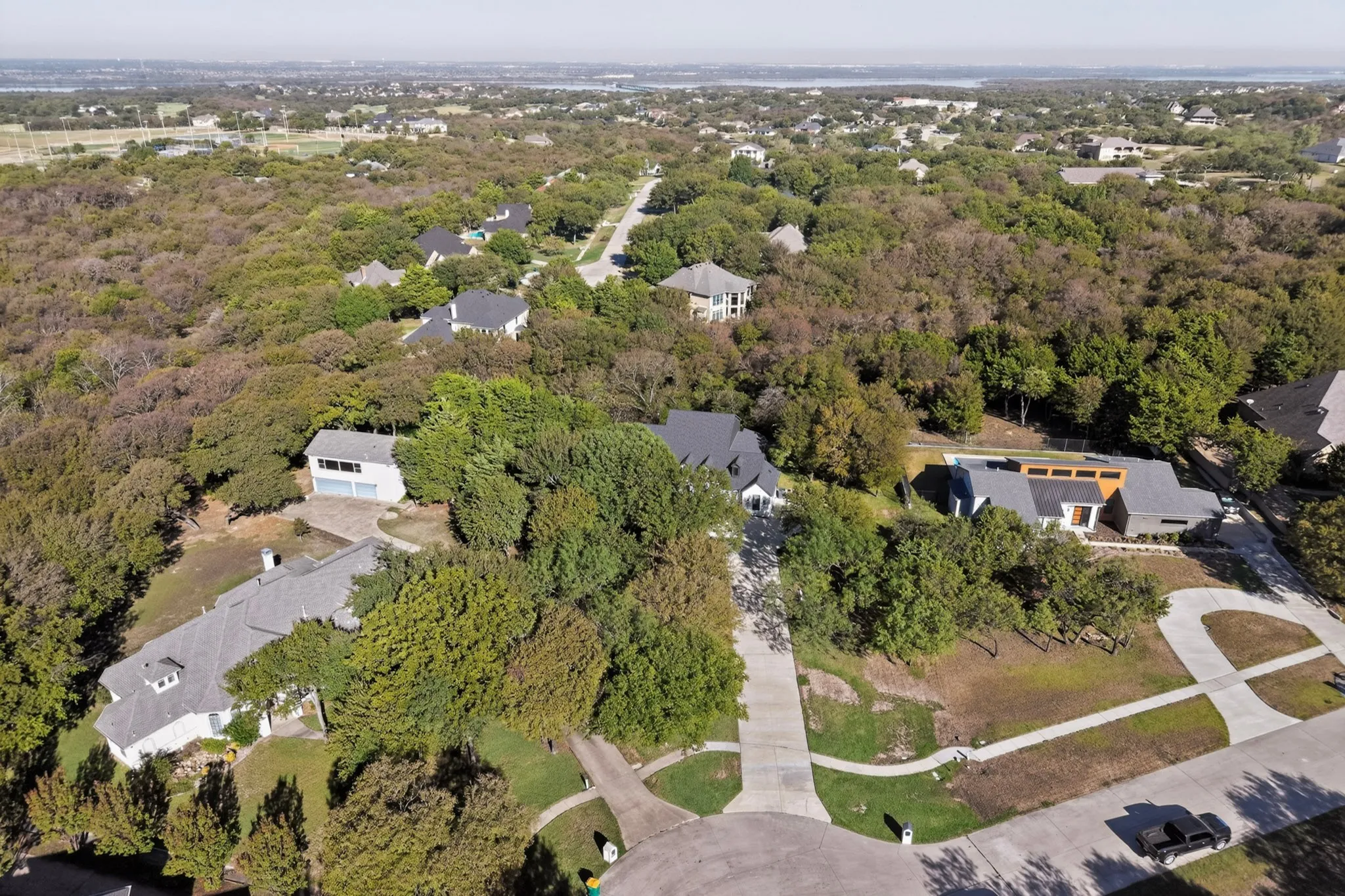 Expansive treed landscape featuring multiple properties with distinct architectural styles