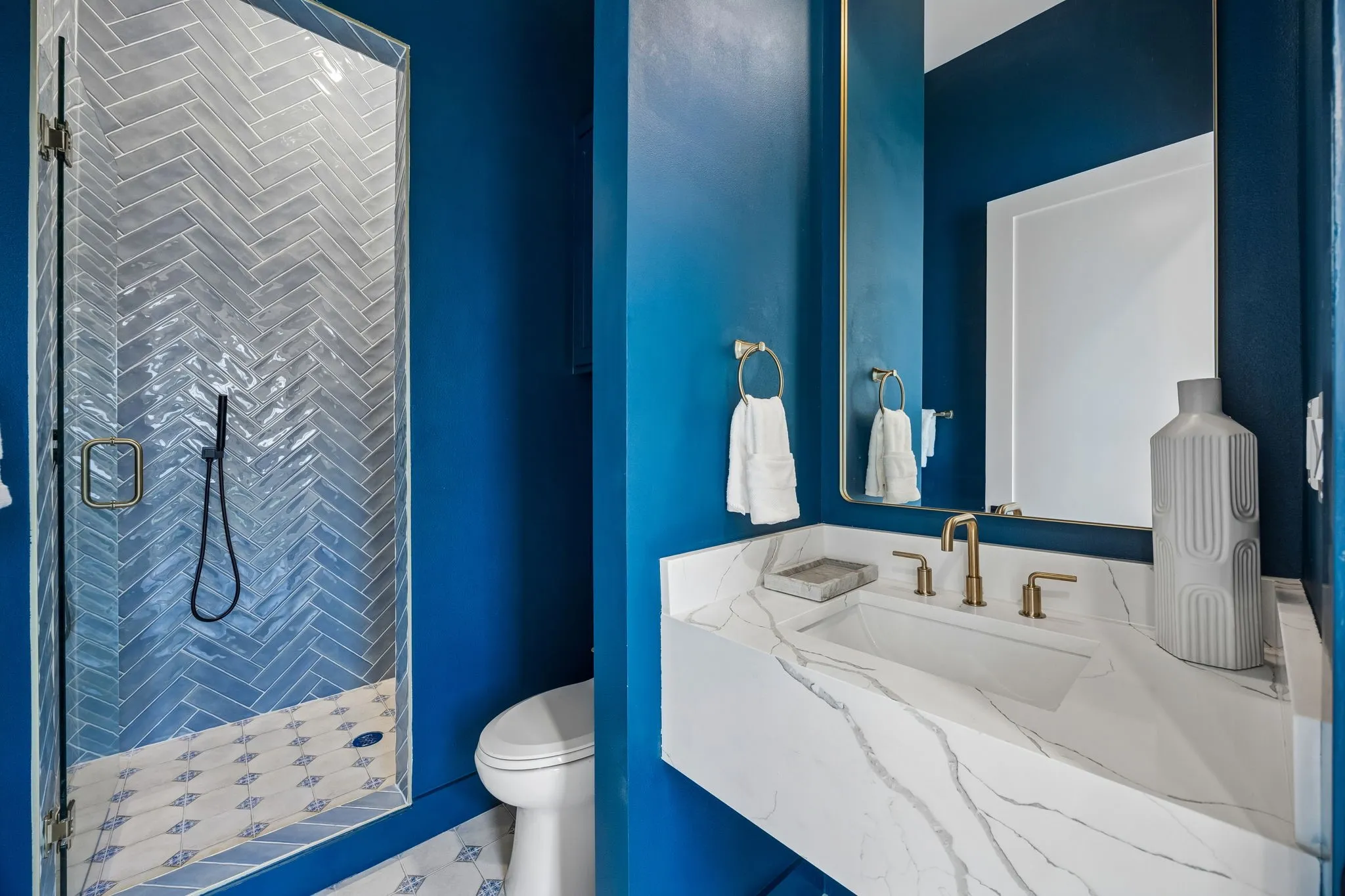 Full bathroom on the first floor with a shower.