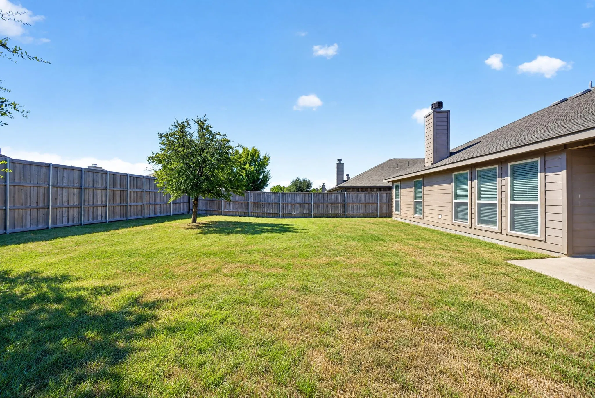 Expansive backyard featuring a natural wood privacy fence, mature tree, and a concrete patio