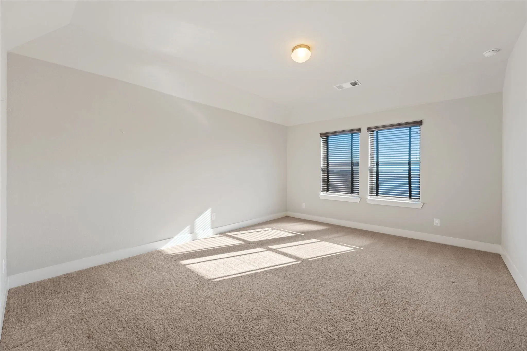 Neutral wall paint, carpet flooring, dual windows, window blinds, and overhead lighting