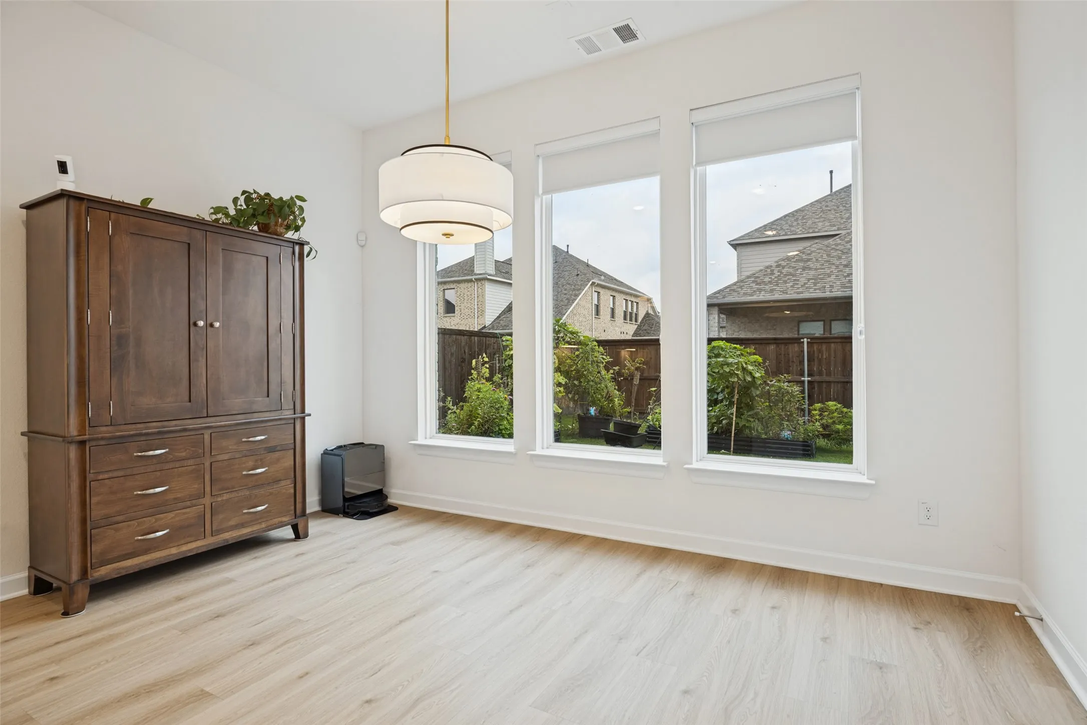 Light wood-finish flooring, white walls, and a contemporary ceiling fixture
