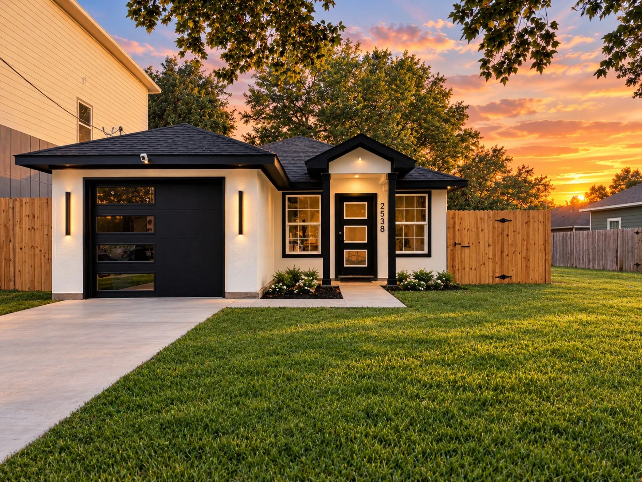Contemporary single-story home with a black garage door featuring horizontal glass panels, a concrete driveway, and exterior sconce lighting