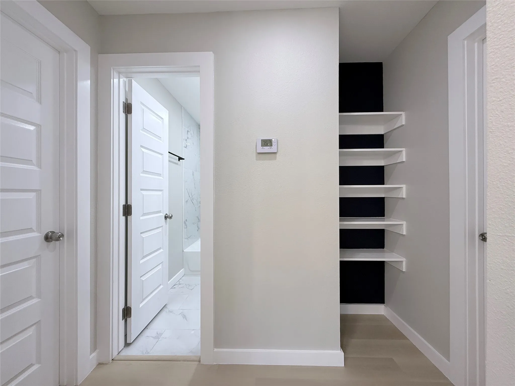 Recessed shelving with contrasting dark paneling, wood-finish flooring, and white paneled interior doors