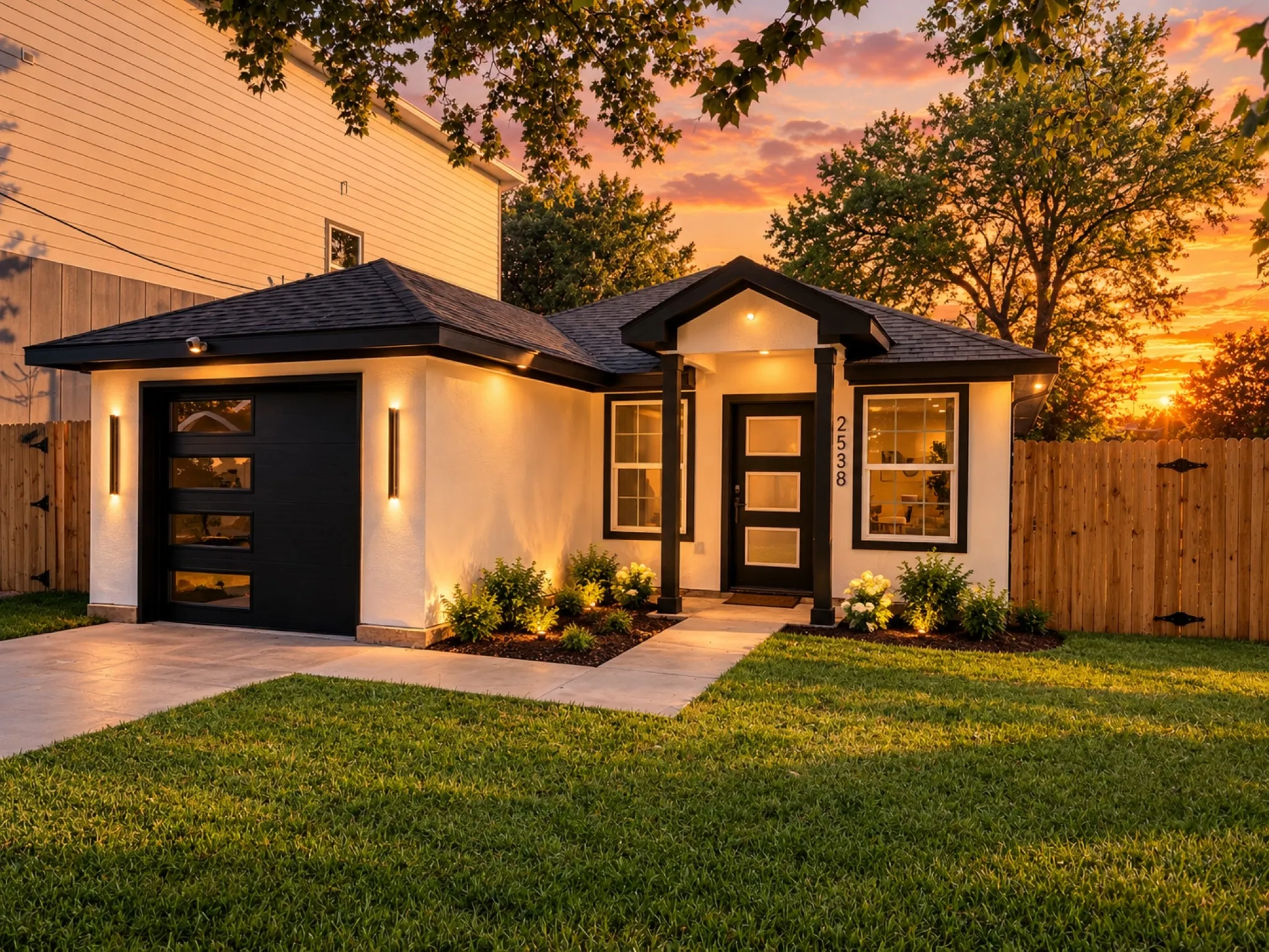 Modern exterior with a black trim roofline, stucco siding, and a wood privacy fence