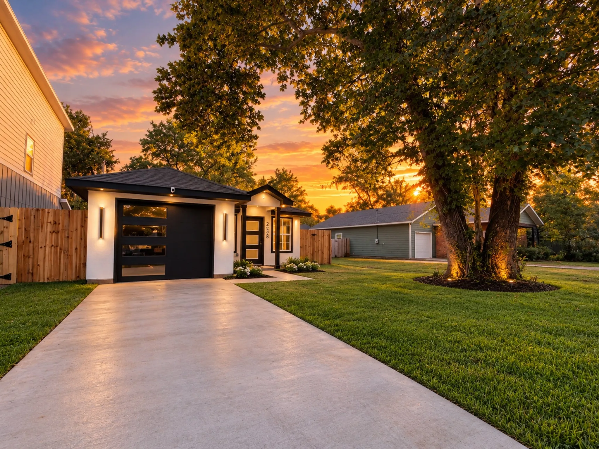 Modern exterior with a black garage door featuring glass panels, vertical exterior lighting, and a dark asphalt shingle roof