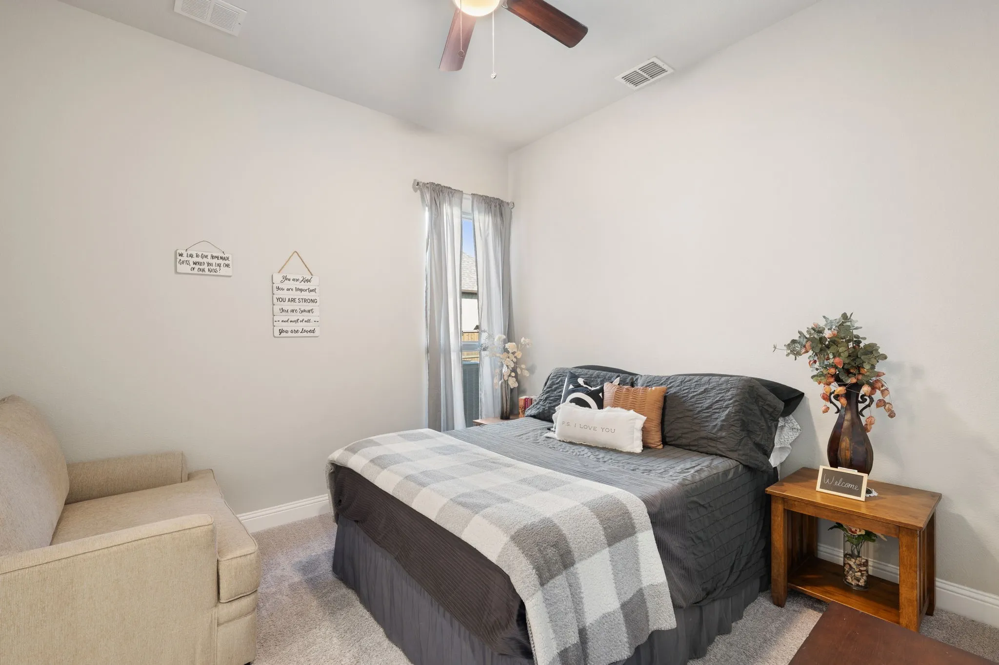 Recessed lighting, ceiling fan with light fixture, window with curtains, light-toned carpeting, and neutral wall paint