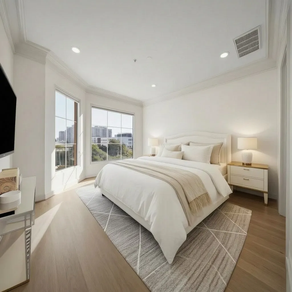 Bay window with beautiful 5th story views, recessed ceiling lighting, crown molding, and wood-finish flooring. *Virtually staged