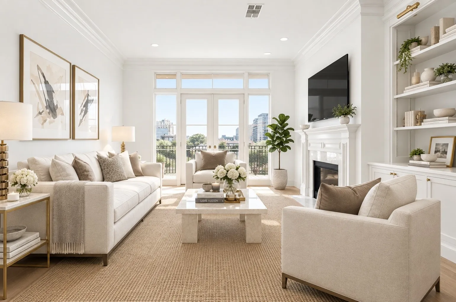 Light-filled living area featuring French doors, a decorative fireplace with a mantel, built-in shelving, and recessed lighting. *Virtually staged.