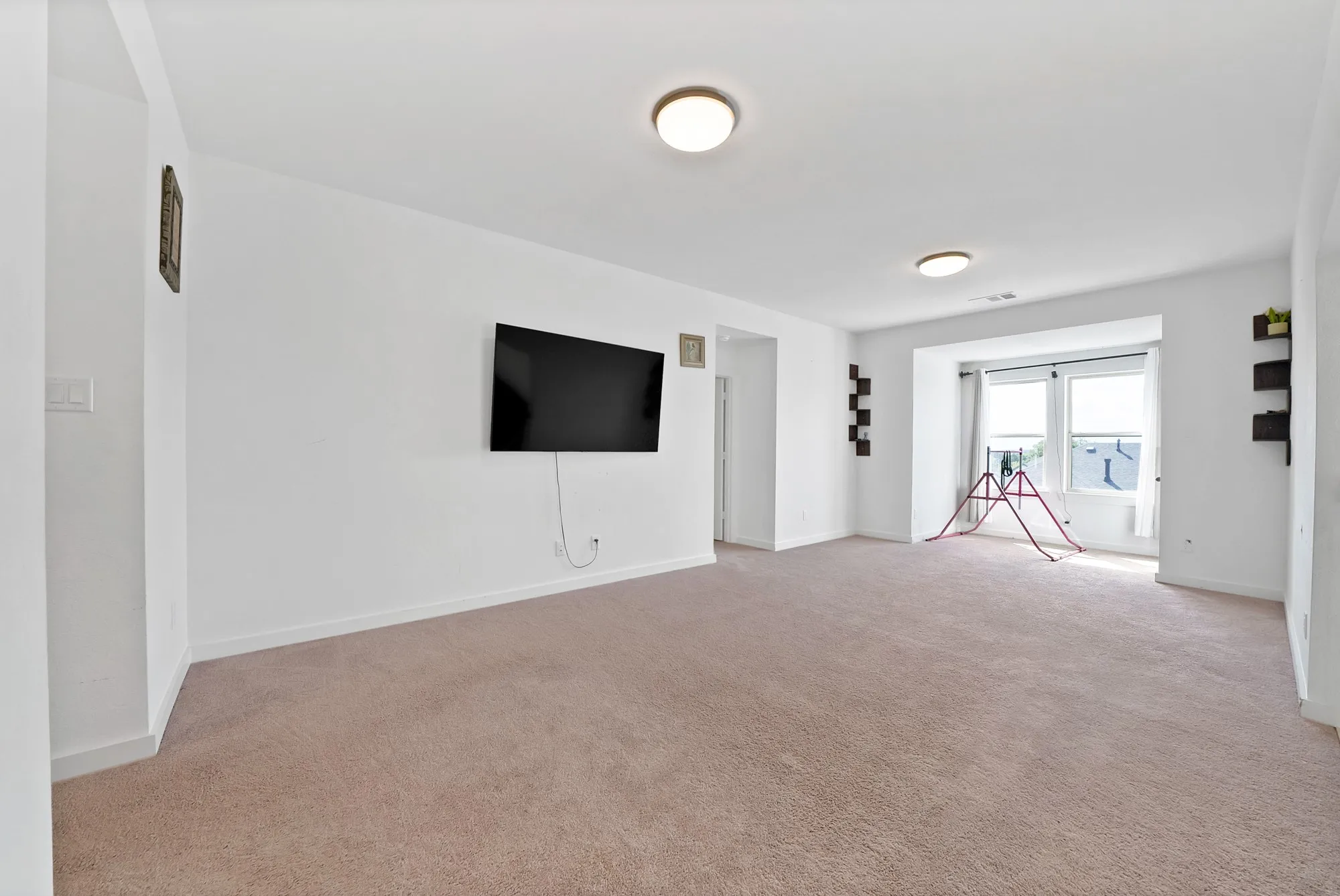 Expansive room featuring carpet flooring, recessed window bay, multiple windows, and flush-mount ceiling lighting