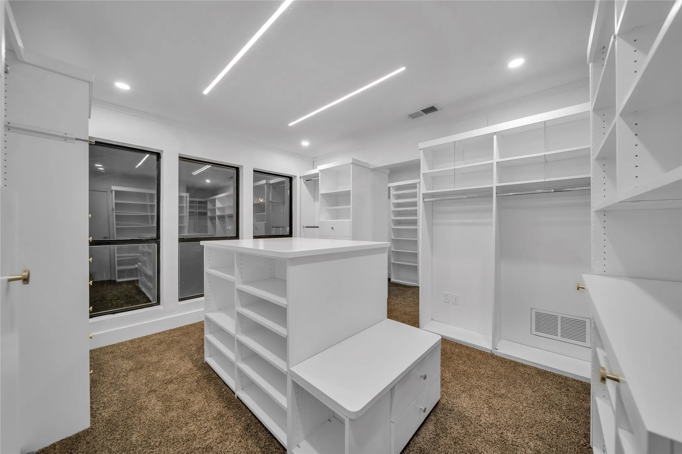 Walk in closet with dark colored carpet
