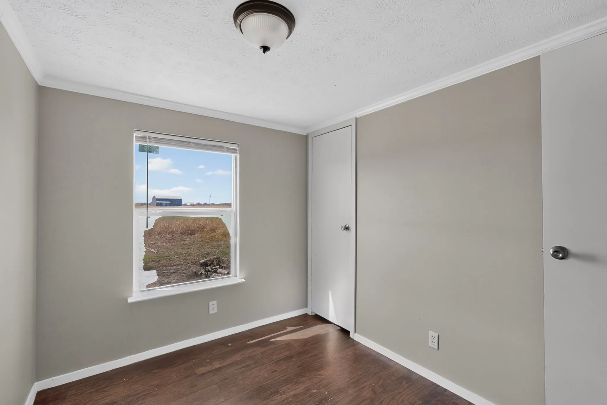 Neutral tone wall finish, wood-finish flooring, single window, and a flush mount ceiling light fixture