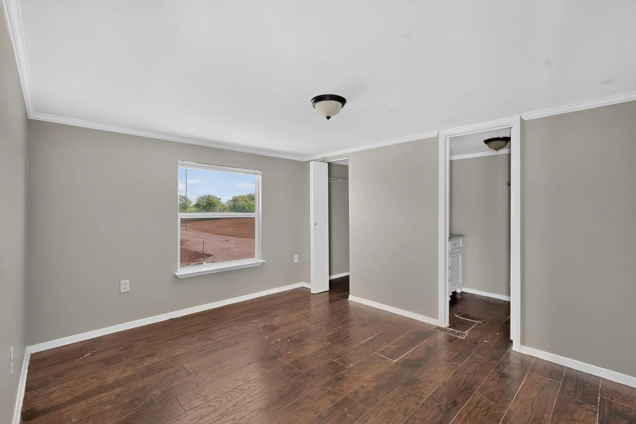 Wood-finish flooring, neutral gray wall tones, crown molding, and a single window with a white frame