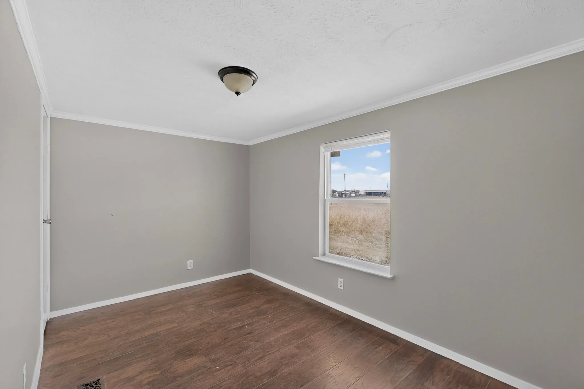 Wood-finish flooring, single window, flush-mount ceiling light, white trim, light gray wall paint